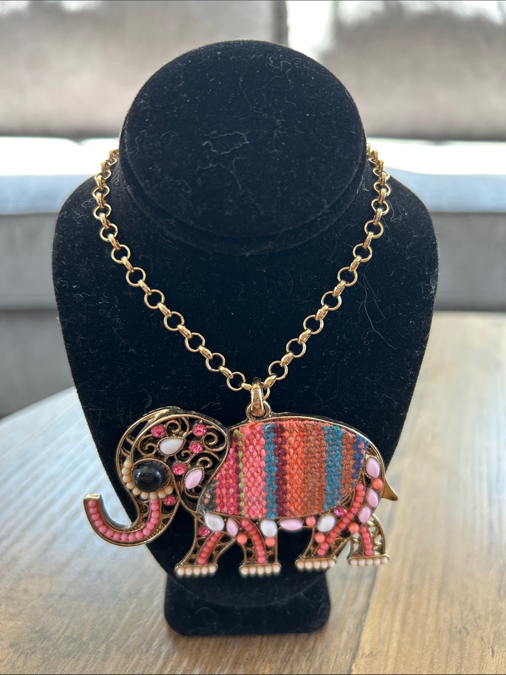 Source Unknown Gold Elephant Pendant Necklace with Pink and Orange Accents